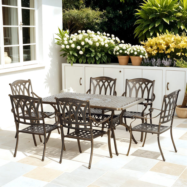7 Pieces Cast Aluminium Garden Dining Set, 6 Seater Garden Table and Chairs with Parasol Hole, Outdoor Garden Furniture Set with Cushions for Patio, Bronze Tone