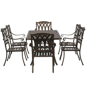 7 Pieces Cast Aluminium Garden Dining Set, 6 Seater Garden Table and Chairs with Parasol Hole, Outdoor Garden Furniture Set with Cushions for Patio, Bronze Tone