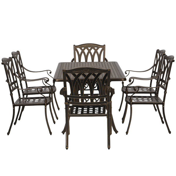 7 Pieces Cast Aluminium Garden Dining Set, 6 Seater Garden Table and Chairs with Parasol Hole, Outdoor Garden Furniture Set with Cushions for Patio, Bronze Tone