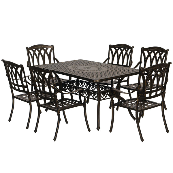 7 Pieces Cast Aluminium Garden Dining Set, 6 Seater Garden Table and Chairs with Parasol Hole, Outdoor Garden Furniture Set with Cushions for Patio, Bronze Tone