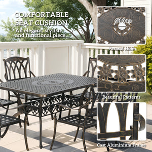 7 Pieces Cast Aluminium Garden Dining Set, 6 Seater Garden Table and Chairs with Parasol Hole, Outdoor Garden Furniture Set with Cushions for Patio, Bronze Tone