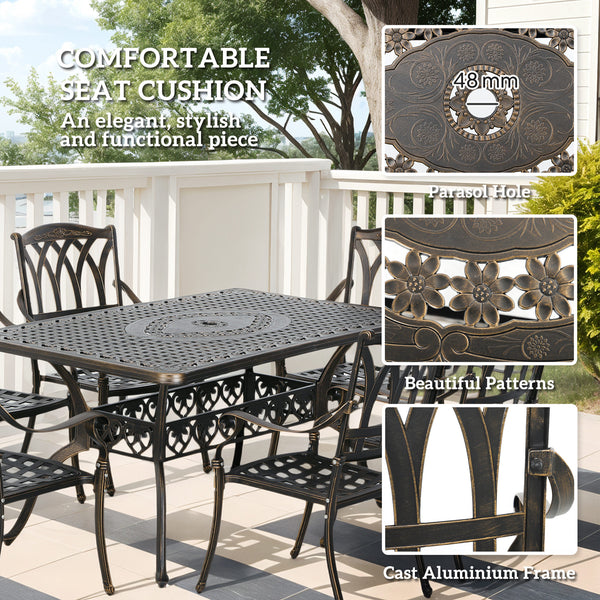 7 Pieces Cast Aluminium Garden Dining Set, 6 Seater Garden Table and Chairs with Parasol Hole, Outdoor Garden Furniture Set with Cushions for Patio, Bronze Tone