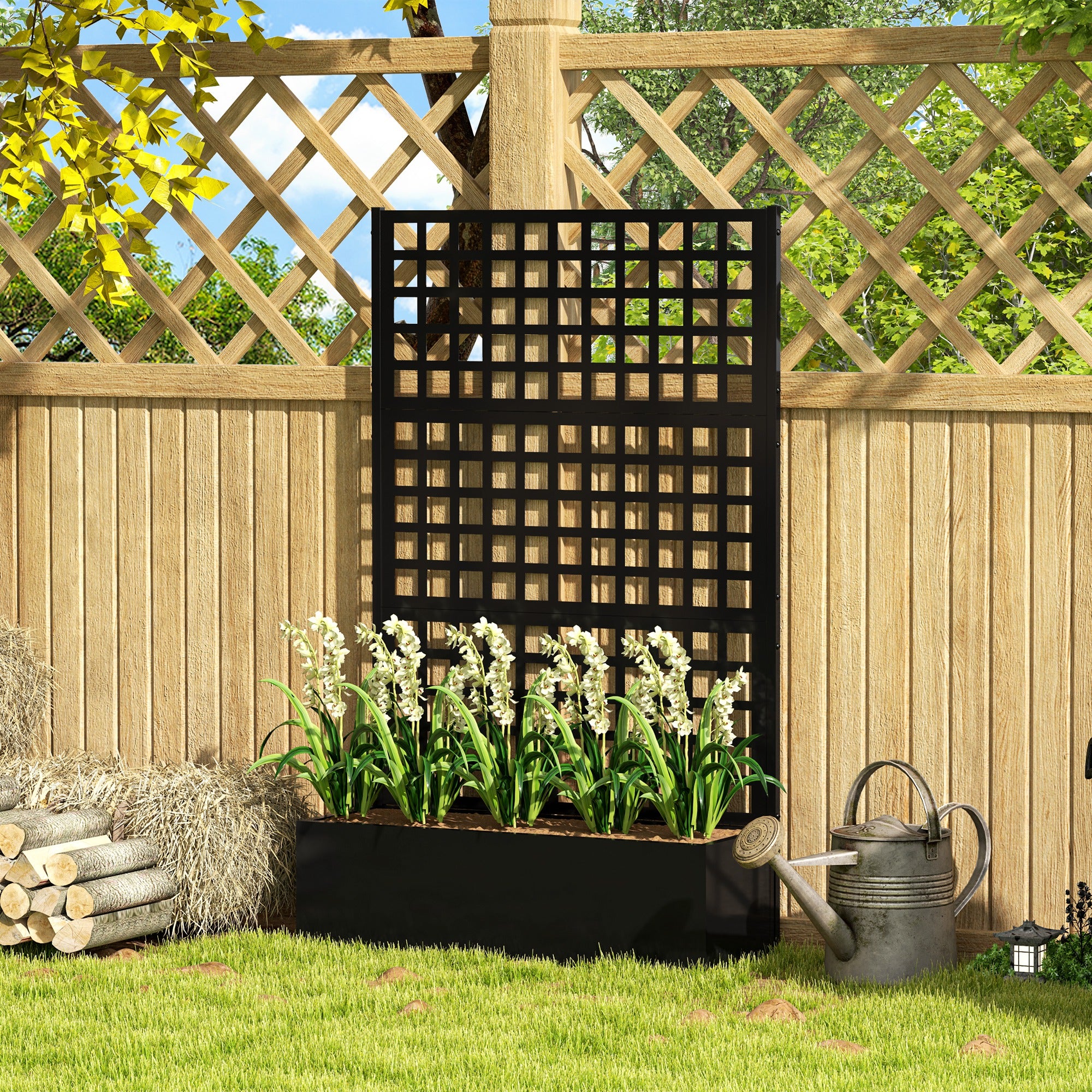 privacy trellis planter box Outsunny Galvanized Raised Garden Bed Planter Box with Trellis for Climbing Plants, Vegetable, Vines, 43" x 16" x 70", Black