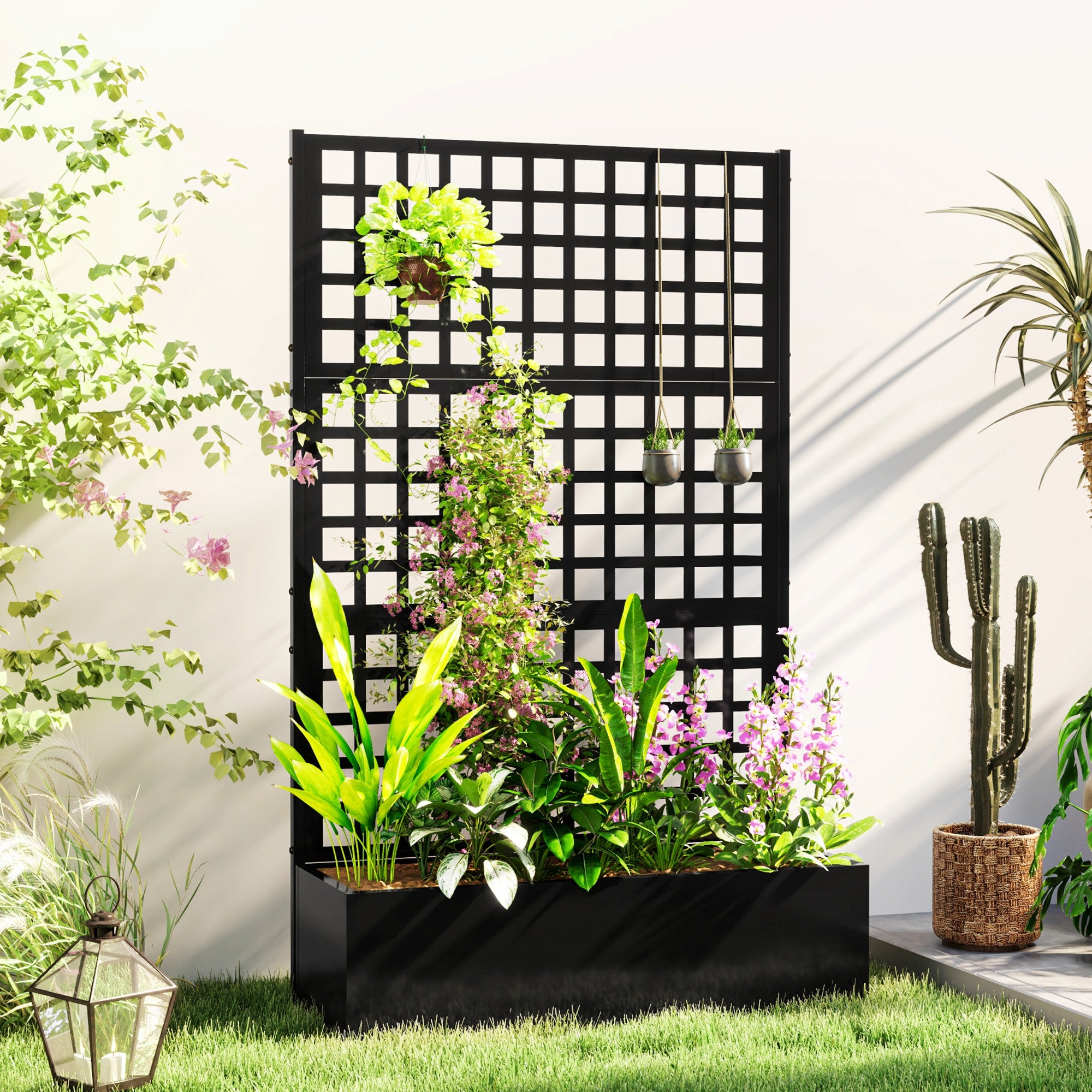 large planter box with trellis Outsunny Galvanized Raised Garden Bed Planter Box with Trellis for Climbing Plants, Vegetable, Vines, 43" x 16" x 70", Black