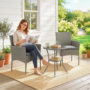 3 Piece Rattan Bistro Set, PE Wicker Garden Furniture Conversation Set, 2 Tier Glass-Top Bistro Table and Chairs for 2 with Cushions for Patio, Balcony, Porch, Dark Grey