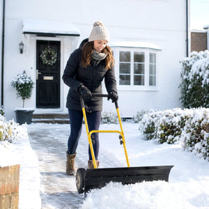 Snow Shovel with Wheels, 29" x 16.5" Heavy Duty Metal Snow Pusher with 5-Level Adjustable Handle, 5-Angle Blade and Non-Slip Grip, for Driveway, Sidewalks, Garden, Deck, Yellow