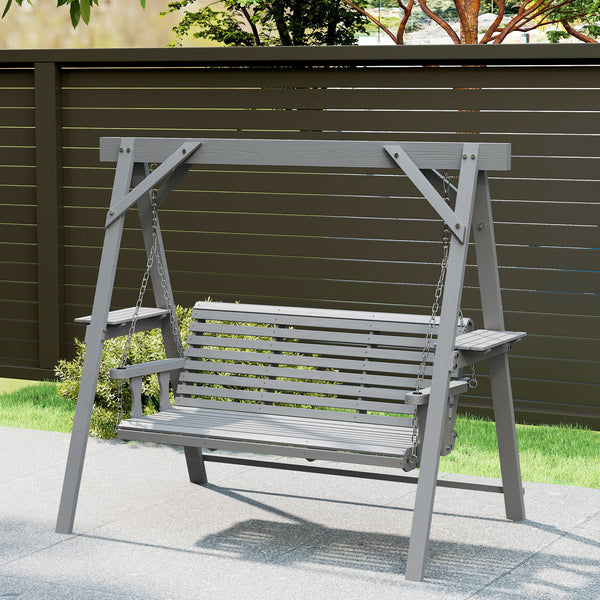 3 Seater Garden Swing Seat, Wooden Swing Chair Bench with Side Tables and Metal Chains, for Outdoor Porch Patio, Dark Grey