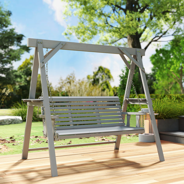 3 Seater Garden Swing Seat, Wooden Swing Chair Bench with Side Tables and Metal Chains, for Outdoor Porch Patio, Dark Grey
