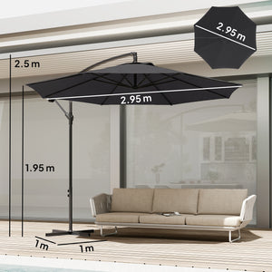 3(m) Garden Banana Parasol Hanging Cantilever Umbrella with Crank Handle, 8 Ribs and Cross Base for Outdoor, Sun Shade, Black