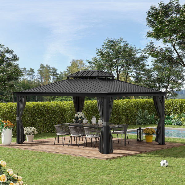 Outsunny 12' x 16' Hardtop Gazebo with Curtains and Netting, Permanent Pavilion Metal Double Roof Gazebo Canopy with Aluminum Frame and Hooks, for Garden, Patio, Backyard, Gray