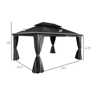 Outsunny 12' x 16' Hardtop Gazebo with Curtains and Netting, Permanent Pavilion Metal Double Roof Gazebo Canopy with Aluminum Frame and Hooks, for Garden, Patio, Backyard, Gray