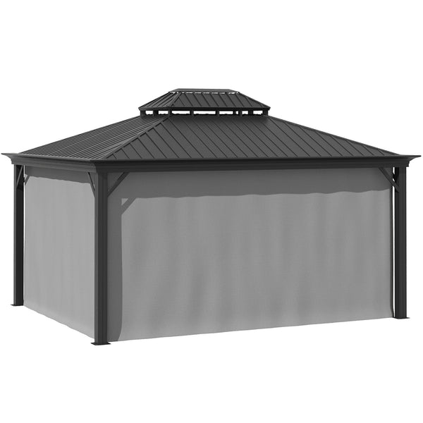 Outsunny 12' x 16' Hardtop Gazebo with Curtains and Netting, Permanent Pavilion Metal Double Roof Gazebo Canopy with Aluminum Frame and Hooks, for Garden, Patio, Backyard, Gray