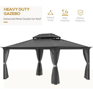 Outsunny 12' x 16' Hardtop Gazebo with Curtains and Netting, Permanent Pavilion Metal Double Roof Gazebo Canopy with Aluminum Frame and Hooks, for Garden, Patio, Backyard, Gray