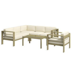 5-Piece Garden Sofa Set with Cushions, 6 Seater Aluminium Garden Furniture Set with Glass Top Coffee Table, Patio Sectional Conservatory Furniture for Patio & Terrace, Gold Tone