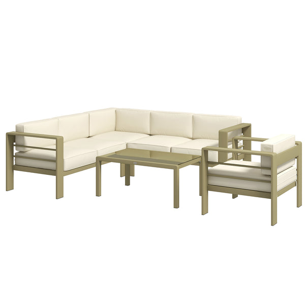5-Piece Garden Sofa Set with Cushions, 6 Seater Aluminium Garden Furniture Set with Glass Top Coffee Table, Patio Sectional Conservatory Furniture for Patio & Terrace, Gold Tone