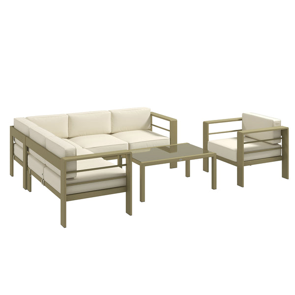 5-Piece Garden Sofa Set with Cushions, 6 Seater Aluminium Garden Furniture Set with Glass Top Coffee Table, Patio Sectional Conservatory Furniture for Patio & Terrace, Gold Tone