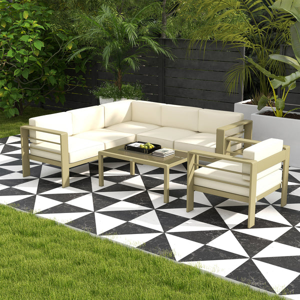 5-Piece Garden Sofa Set with Cushions, 6 Seater Aluminium Garden Furniture Set with Glass Top Coffee Table, Patio Sectional Conservatory Furniture for Patio & Terrace, Gold Tone