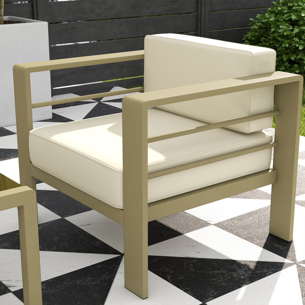 5-Piece Garden Sofa Set with Cushions, 6 Seater Aluminium Garden Furniture Set with Glass Top Coffee Table, Patio Sectional Conservatory Furniture for Patio & Terrace, Gold Tone