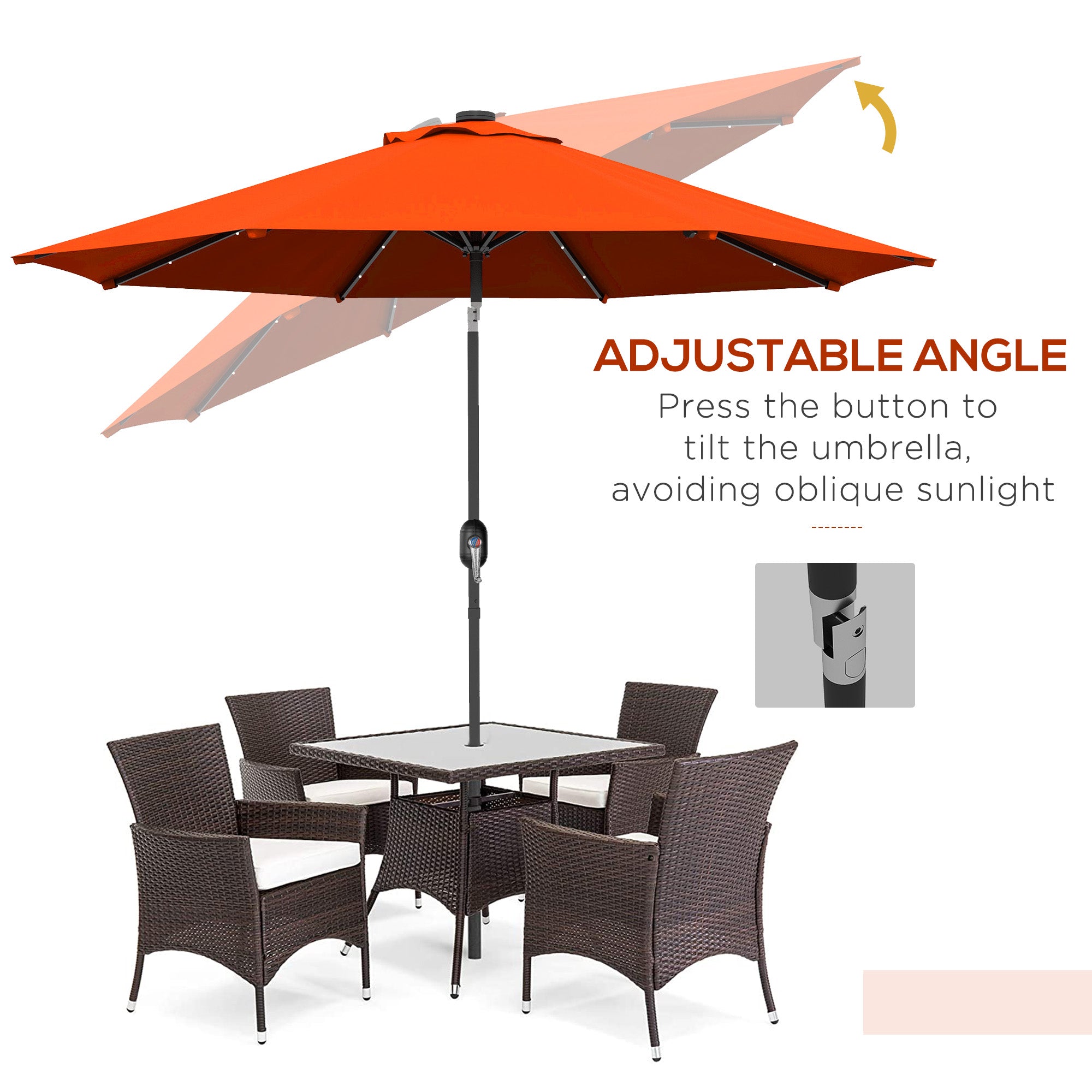 burnt orange patio umbrella with solar lights Outsunny 9ft Solar Patio Umbrella Outdoor Sunshade 24 LED Lights Tilt Canopy, Orange