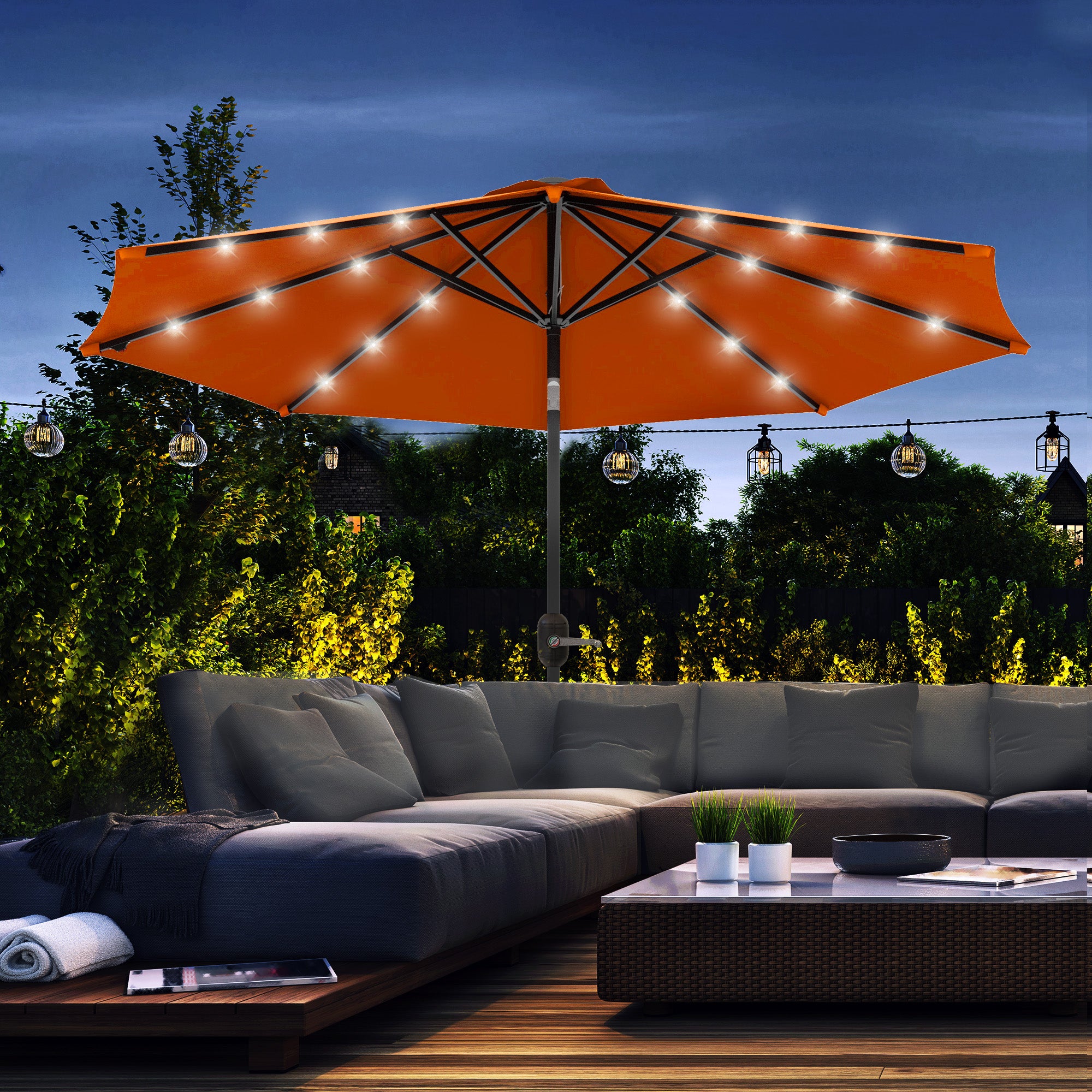 9ft lighted patio umbrella Outsunny 9ft Solar Patio Umbrella Outdoor Sunshade 24 LED Lights Tilt Canopy, Orange