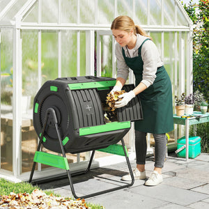 200L Garden Compost Bin, Dual Chamber Rotating Tumbling Composter with 8 Adjustable Vents, BPA Free Outdoor Compost Tumbler with 2 Sliding Doors, Gloves, Screwdriver, Wrench and Metal Frame