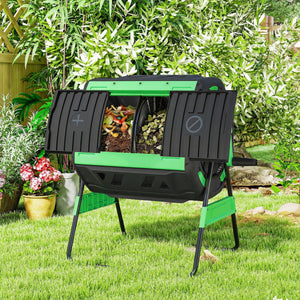 200L Garden Compost Bin, Dual Chamber Rotating Tumbling Composter with 8 Adjustable Vents, BPA Free Outdoor Compost Tumbler with 2 Sliding Doors, Gloves, Screwdriver, Wrench and Metal Frame