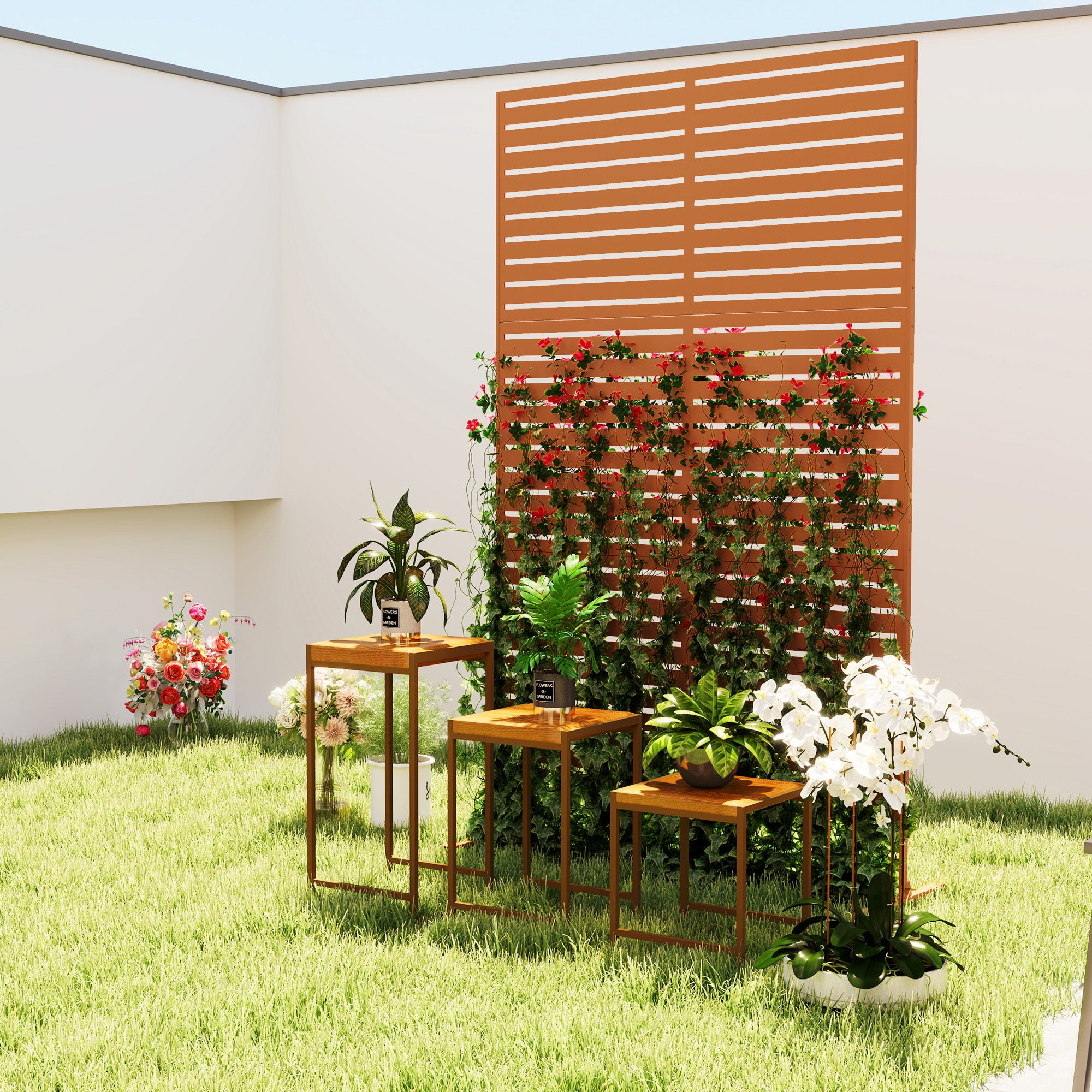 wood trellis screen Outsunny Decorative Privacy Fence Screen, Metal Outdoor Privacy Screen Climbing Plant Trellis with Stand, 78" H x 48" W, Brown
