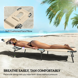 2PCS Adjustable Outdoor Lounge Chair, Garden Folding Chaise Lounge with Face Hole Reclining Tanning Chair Seat, Folding Camping Beach Lounging Bed w/ Head Support, Beige