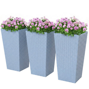 Tall Planters for Outdoor Plants Set of 3, 24 In Taper Planters with Drainage Holes, Rattan Decor Plant Pots for Indoor Outdoor Front Porch Patio Backyard, Light Gray
