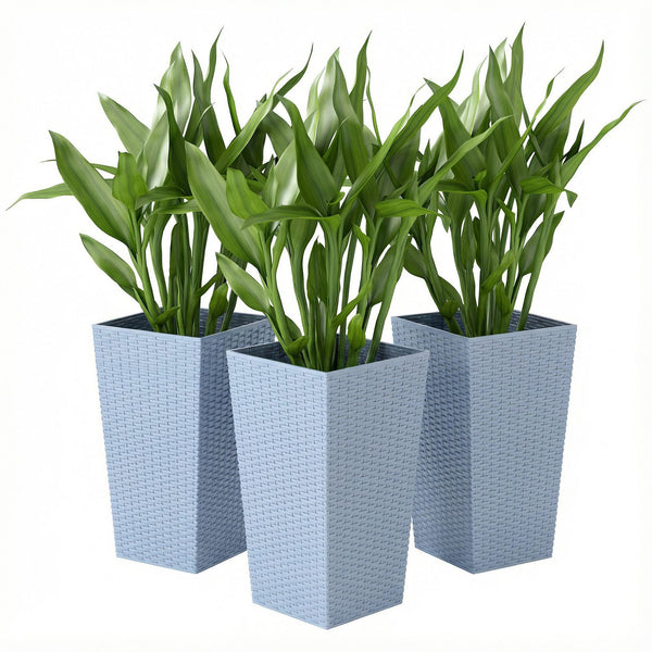 Tall Planters for Outdoor Plants Set of 3, 24 In Taper Planters with Drainage Holes, Rattan Decor Plant Pots for Indoor Outdoor Front Porch Patio Backyard, Light Gray