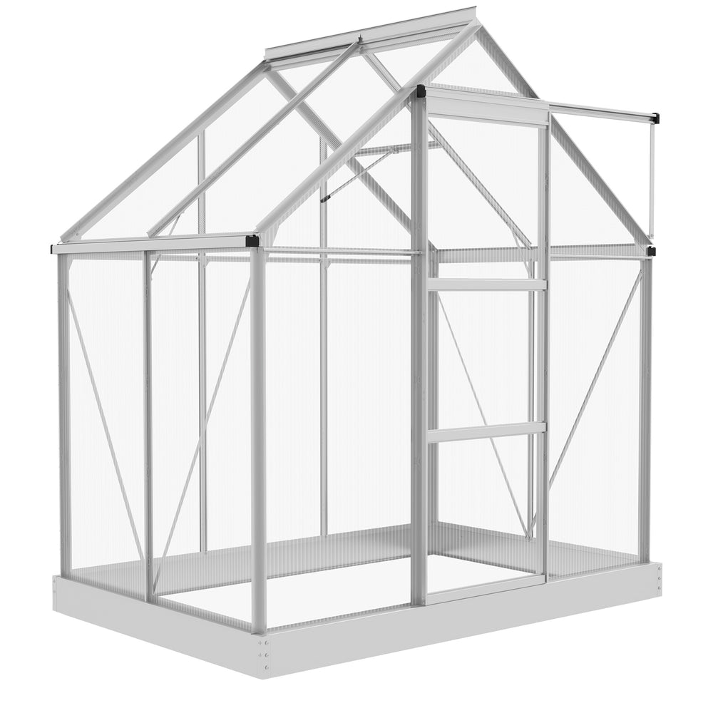 6' x 4' Polycarbonate Greenhouse, Walk-In Greenhouse with Sliding Door, Adjustable Vent, Aluminium Frame and Foundation Kit, Garden Grow House with Rain Gutter, Silver