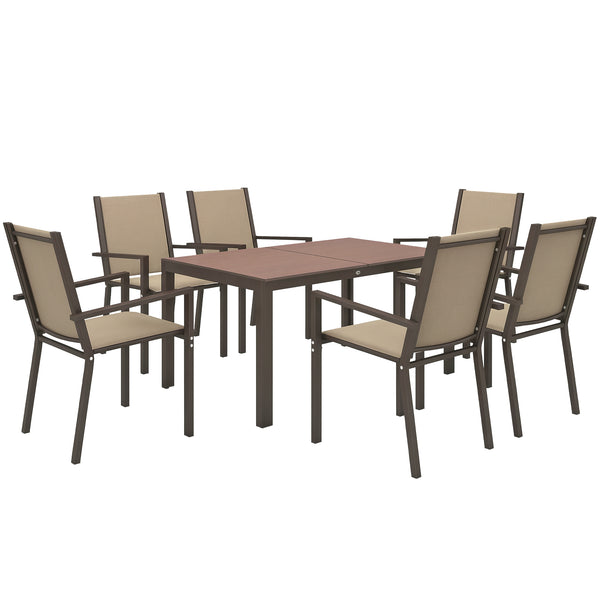 7 Piece Patio Dining Set, Outdoor Dining Table and 6 Stackable Chairs, Metal Patio Furniture Set with WPC Top, Breathable Mesh for Garden, Backyard, Poolside, Khaki