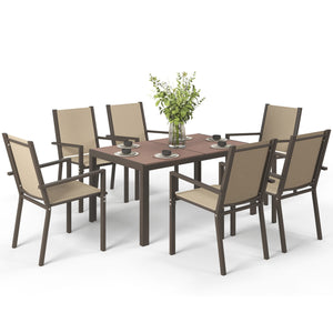 Garden Dining Set for 6, Garden Table and Stackable Chairs, 6 Seater Garden Furniture with Rectangular WPC Top Dining Table and Texteline Fabric for Outdoor, Patio, Khaki