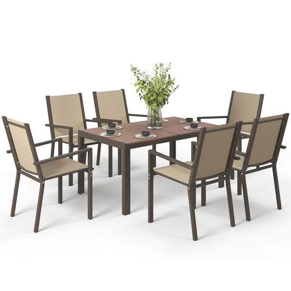 7 Piece Patio Dining Set, Outdoor Dining Table and 6 Stackable Chairs, Metal Patio Furniture Set with WPC Top, Breathable Mesh for Garden, Backyard, Poolside, Khaki
