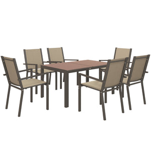 7 Piece Patio Dining Set, Outdoor Dining Table and 6 Stackable Chairs, Metal Patio Furniture Set with WPC Top, Breathable Mesh for Garden, Backyard, Poolside, Khaki