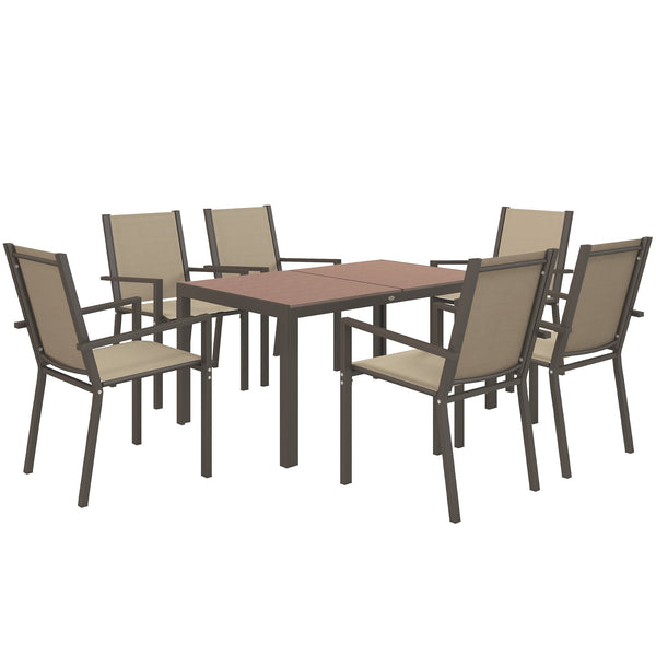 7 Piece Patio Dining Set, Outdoor Dining Table and 6 Stackable Chairs, Metal Patio Furniture Set with WPC Top, Breathable Mesh for Garden, Backyard, Poolside, Khaki