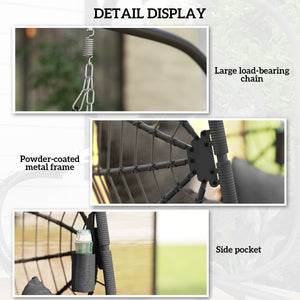 Hanging Egg Chair with Thick Padded Cushion, Foldable Wicker Egg Swing Chair with Metal Stand, Hammock Chair with Cup Holder, Rope Structure, for Indoor and Outdoor, Grey