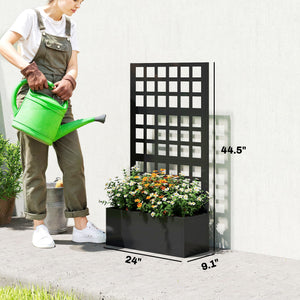 Galvanized Raised Garden Bed with Trellis, Metal Planter Box with Drainage Holes, Outdoor Privacy Screen for Climbing Plants, Vegetable, Vines, 24" x 9" x 44.5", Black
