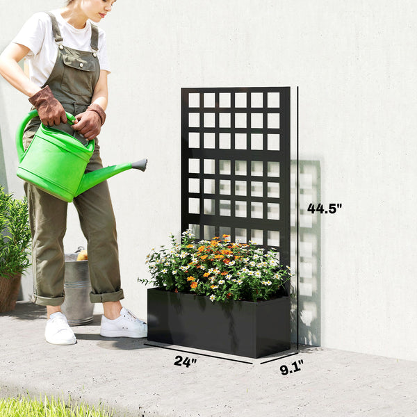 Galvanized Raised Garden Bed with Trellis, Metal Planter Box with Drainage Holes, Outdoor Privacy Screen for Climbing Plants, Vegetable, Vines, 24" x 9" x 44.5", Black