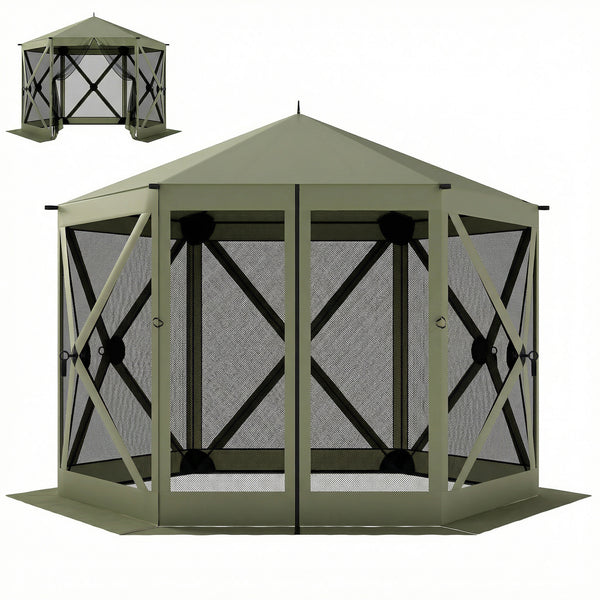 10 x 11 ft Pop Up Gazebo Screen Tent, Outdoor Portable Instant Camping Canopy Screen House Sun Shelter with Mesh Nettings, Carry Bag, Ground Stakes, Ropes for Patio, Backyard, Dark Green