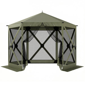 10 x 11 ft Pop Up Gazebo Screen Tent, Outdoor Portable Instant Camping Canopy Screen House Sun Shelter with Mesh Nettings, Carry Bag, Ground Stakes, Ropes for Patio, Backyard, Dark Green