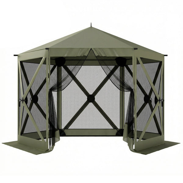 10 x 11 ft Pop Up Gazebo Screen Tent, Outdoor Portable Instant Camping Canopy Screen House Sun Shelter with Mesh Nettings, Carry Bag, Ground Stakes, Ropes for Patio, Backyard, Dark Green