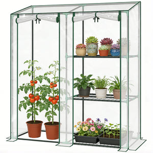Mini Greenhouse, Portable Greenhouse with 3 Shelves, 2 Roll-up Doors, Garden Hot House for Patio Garden Backyard, 56.3" x 17.7" x 59.4", Clear