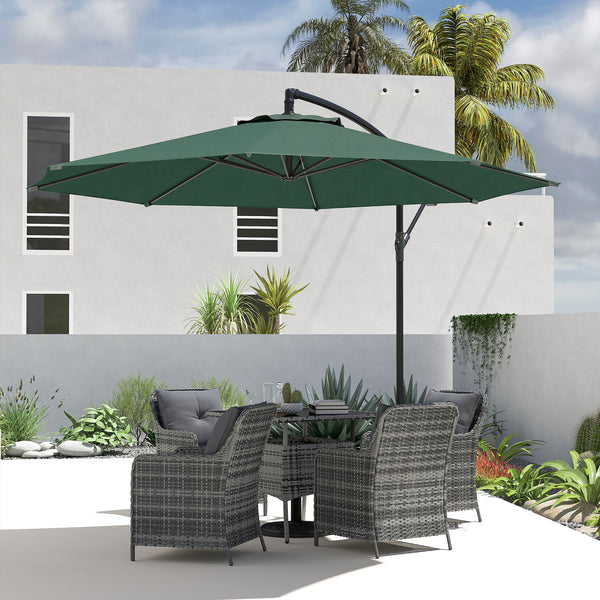3(m) Garden Banana Parasol Hanging Cantilever Umbrella with Crank Handle, 8 Ribs and Cross Base for Outdoor, Sun Shade, Dark Green
