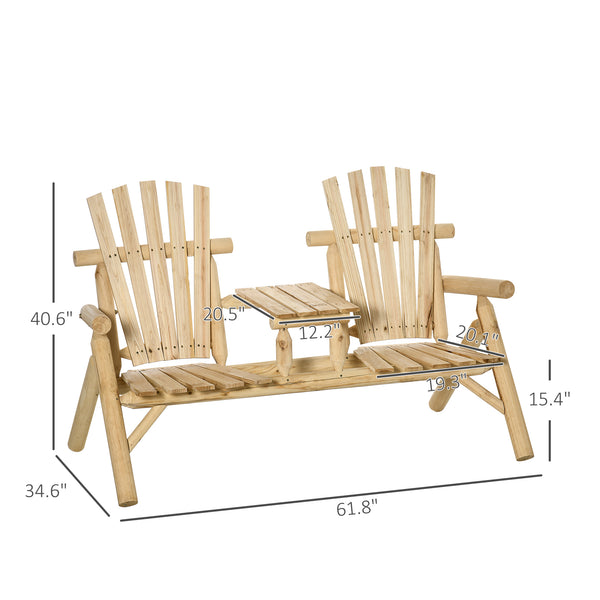 Outsunny 2-Seat Wooden Adirondack Chair, Patio Bench with Table, Outdoor Loveseat Fire Pit Chair for Porch, Backyard, Deck, Natural