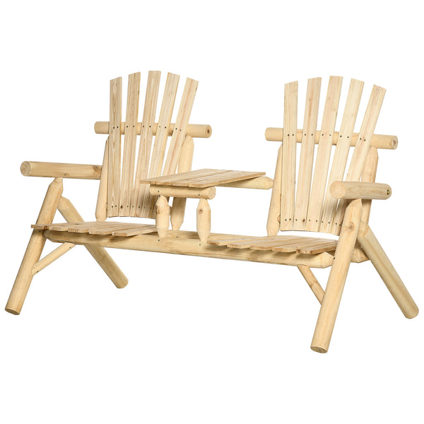 Outsunny 2-Seat Wooden Adirondack Chair, Patio Bench with Table, Outdoor Loveseat Fire Pit Chair for Porch, Backyard, Deck, Natural