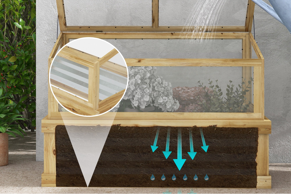 Wooden cold frame with a transparent cover, water being sprayed onto it, and an inset showing a close-up of the cover's material.