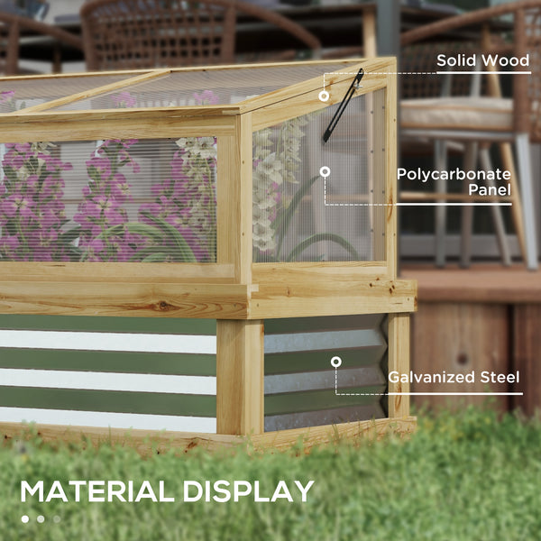 Outsunny Raised Garden Bed with Polycarbonate Greenhouse, Lean-to Garden Wooden Cold Frame Greenhouse, Flower Planter Protection, Lean to Roof, 41" x 22.5" x 28.25", Natural