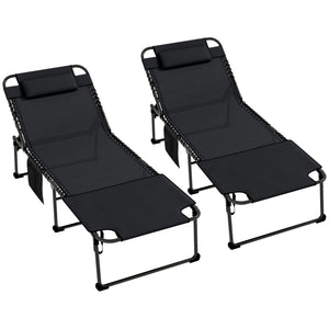 Outsunny 2 Piece Folding Chaise Lounge with 5-level Reclining Back, Tanning Chair with Face Hole, Outdoor Lounge Chair with Side Pocket & Headrest for Beach, Yard, Patio, Black