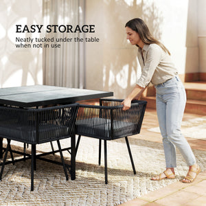 5 Piece Rattan Garden Furniture Set, Garden Dining Set with Wood-Plastic Table and 4 Stackable Chairs, Rattan Table and Chairs with 4 Cushions for Patio, Terrace, Light Grey